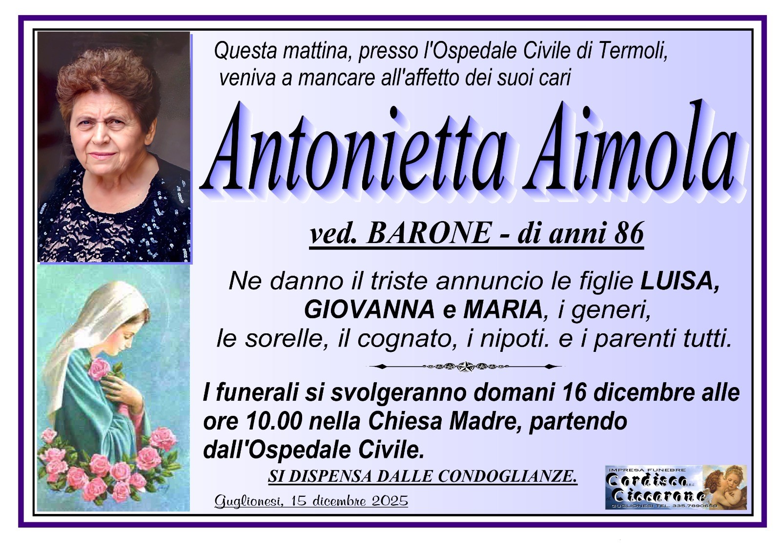 Necrologio Antonietta Aimola ved. Barone