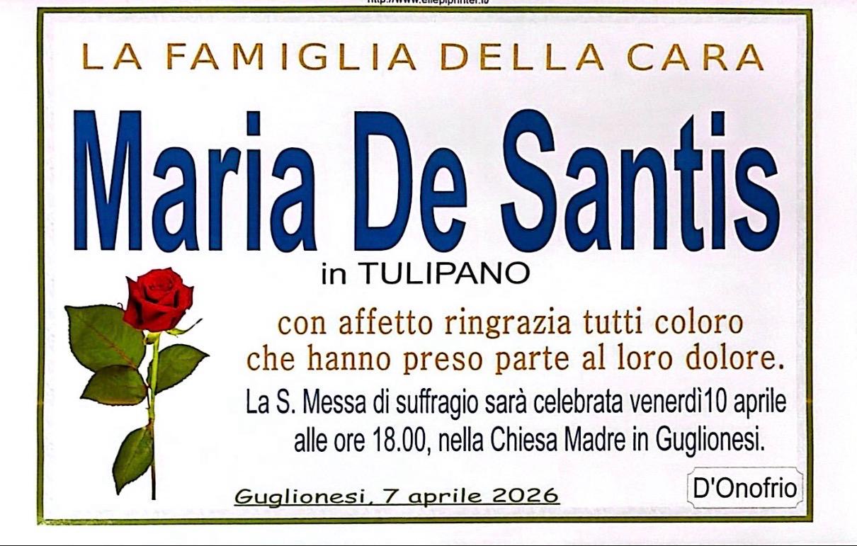 Necrologio Maria De Santis in Tulipano