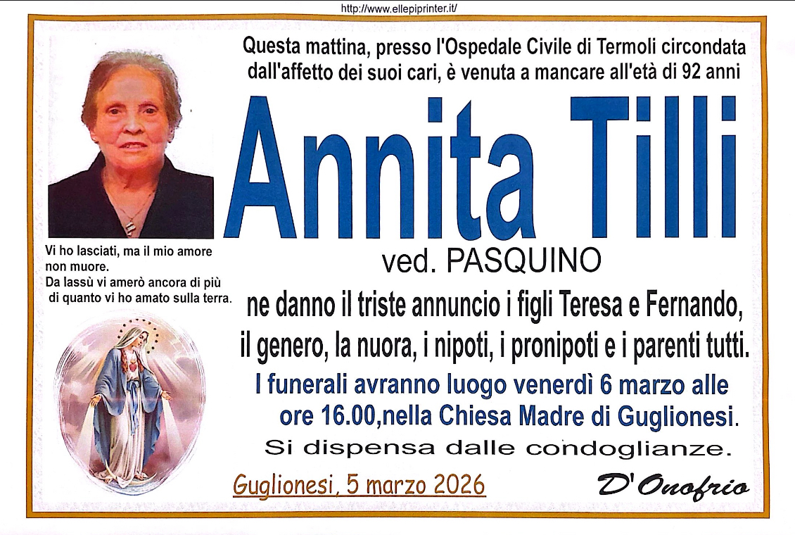 Necrologio Annita Tilli ved. Pasquino