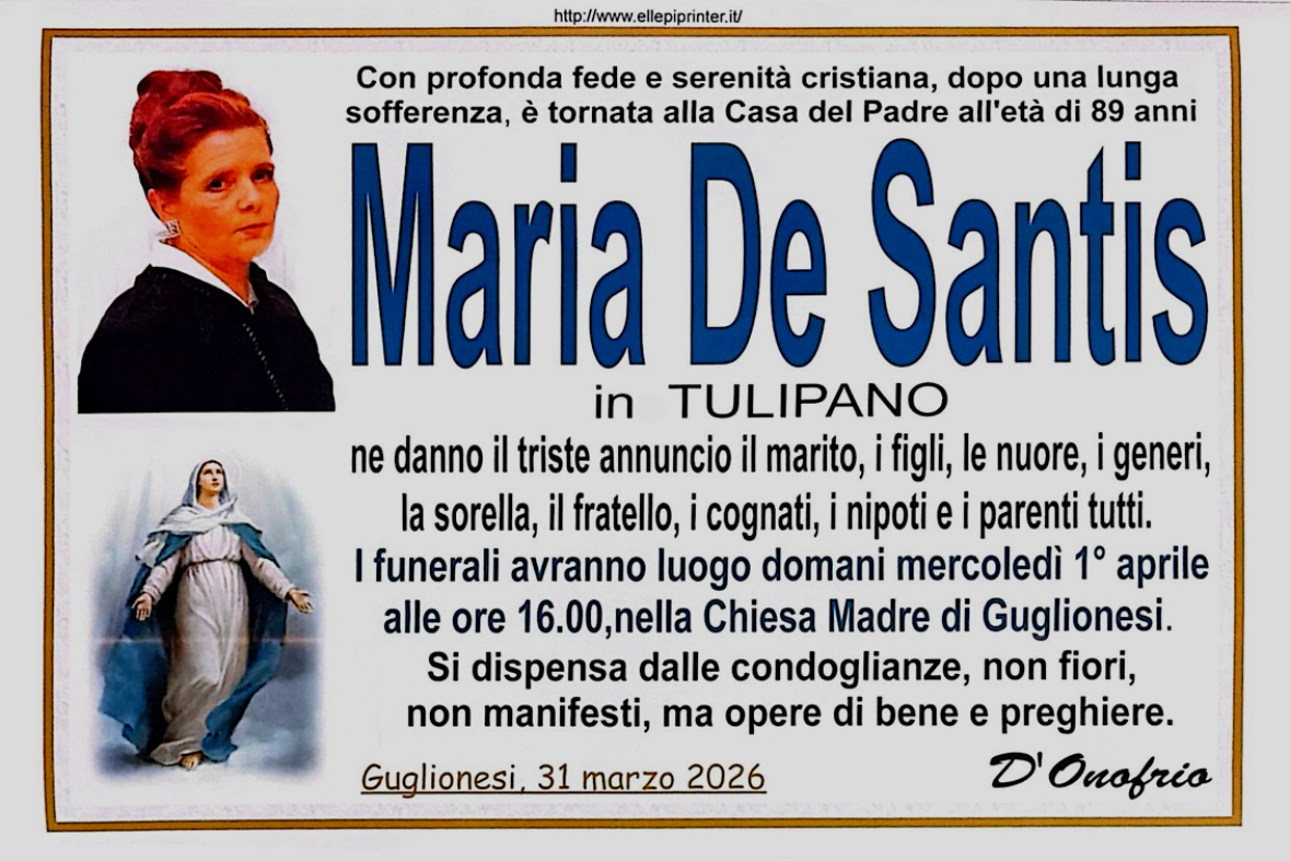 Necrologio Maria De Santis in Tulipano