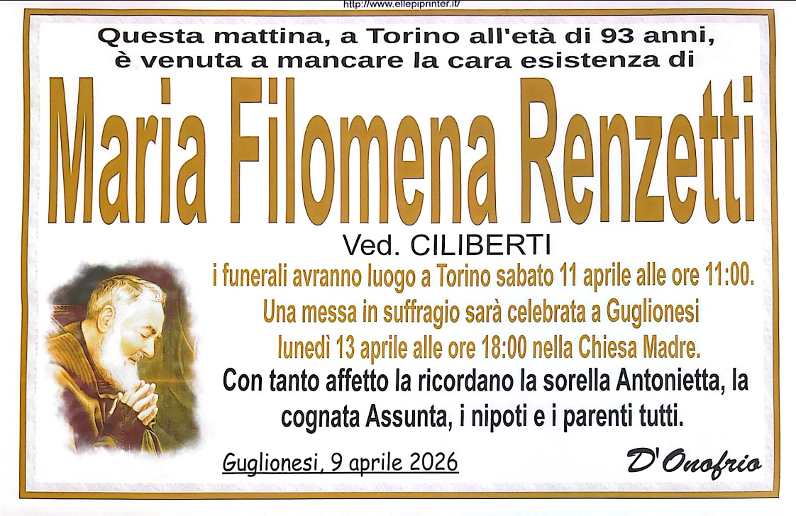 Necrologio Maria Filomena Renzetti ved. Ciliberti