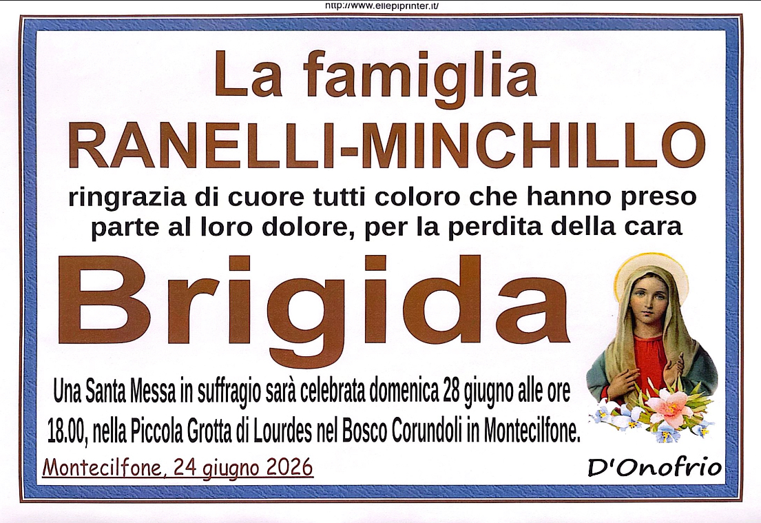 Necrologio Brigida Minchillo in Ranelli